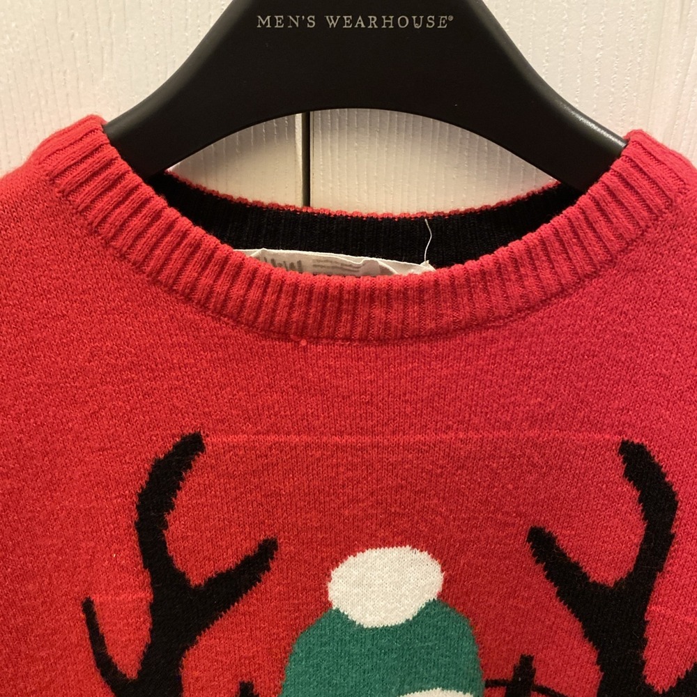 H&M Ugly Christmas Sweater Youth 14 Red Reindeer Bad Good Mugshot - Picture 2 of 7